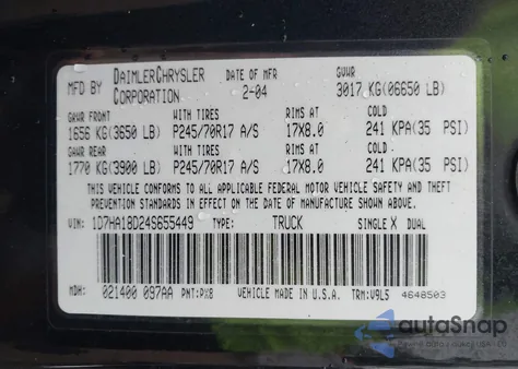 2004 Dodge Ram 1500 Slt/Laramie из США, поврежденный, VIN 1D7HA18D24S655449